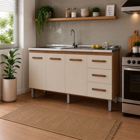 Balcão para Pia 160cm com 03 Portas e 03 Gavetas Emily Savana Off White Moblis