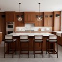 Ver imagem 1 de Kit 4 Banquetas Madeira Imbuia Cozinha Encosto Palha Rattan:Imbuia com Linho Chumbo