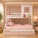 Ver imagem 1 de Beliche Infantil Casinha Reta Casal/ Solteiro 02 Gavetas Rosa Madeira Maciça Branco/ Rosa