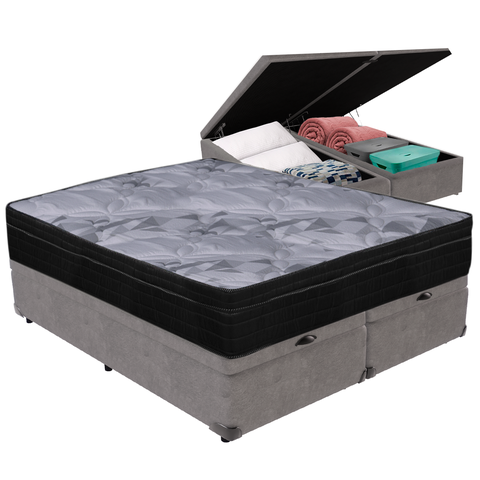 Cama Box Baú e Colchão Airtech Pampa Molas Ensacadas Queen Ortobom:cama Box Baú Cinza e Colchão Airt
