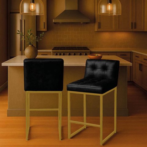 Banqueta Cozinha Alta com Encosto Industrial Kit 2 Dourado Lirina Pu C05 - D’Rossi