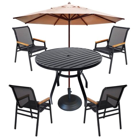 Kit 4 Cadeiras Praia e Mesa Tampo Aluminio Piscina Jardim + Ombrelone Bege