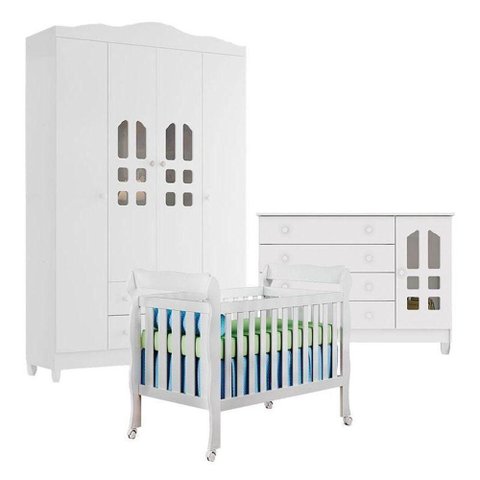 Quarto de Bebê New Selena 4 Portas com Berço Lila e Cômoda Gran Selena Branco Brilho – Carolina