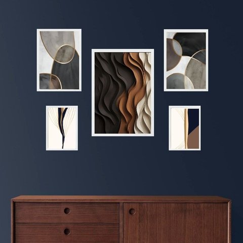 Composição 5 Quadros Decoração Moderna Abstrata Sala:moldura Branca