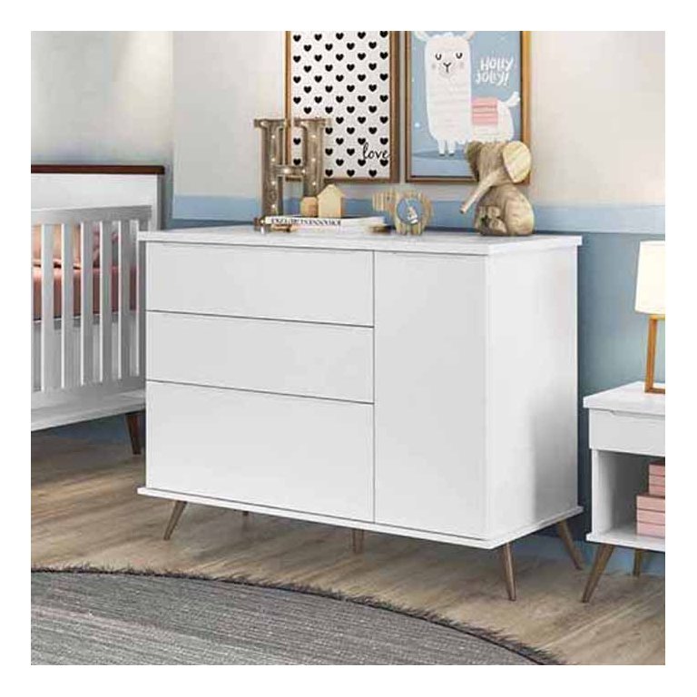 Cômoda Melinda Branco 100% mdf 3 Gavetas e 1 Porta - Phoenix Baby