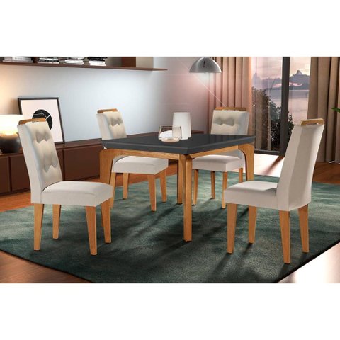 Sala de Jantar Completa Londrina C/ Tampo Madeirado Vidro Canto Curvo 120x80cm e 4 Cadeiras