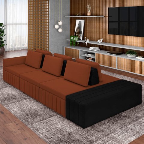 Sofá Ilha com Encosto e Almofadas Móveis Olimpo 425cm Modulado Linho/pu Terracota/preto G45 - Gran B