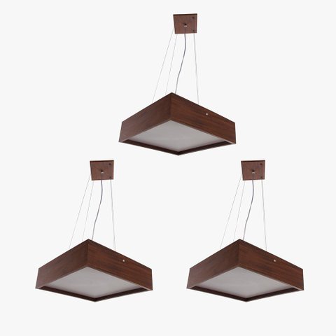 Kit 3 Pendente Quadrado Madeira 50x50 4 Luzes - Imbuia