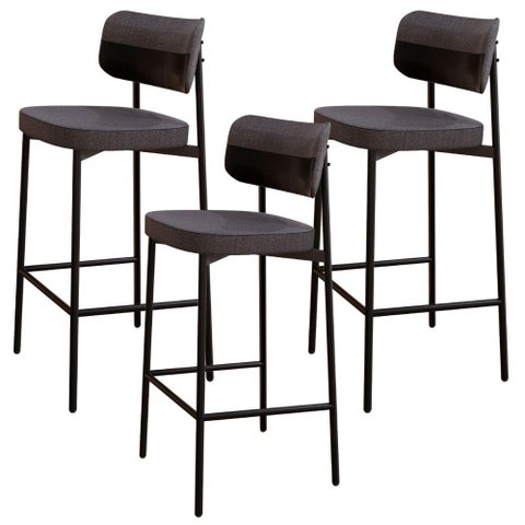 Kit 03 Banquetas Alta Bar Cozinha Sala de Jantar Aço Preto Kaira C01 Linho Preto Courino Preto -