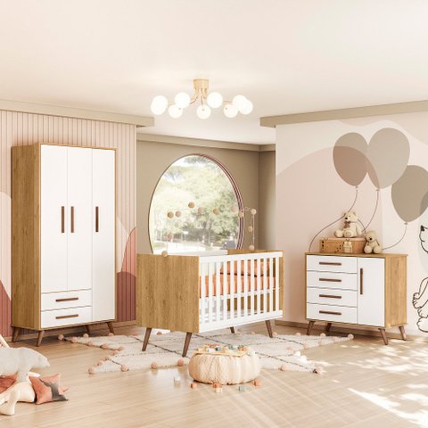 Quarto de Bebê Completo Qencanto Retrô Qmovi Freijó Branco Acetinado + Colchão Ortobom