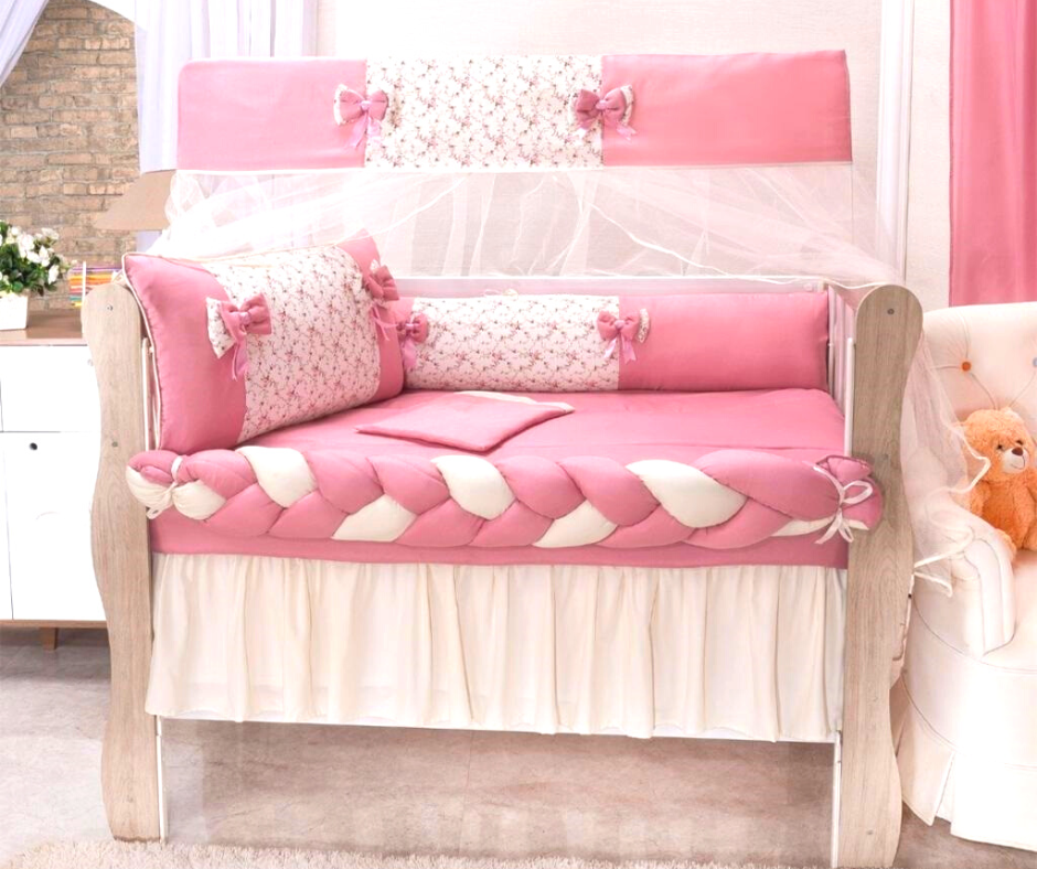 kit de berco com lateral de trança 9 peças algodão cores harmoniosas rosa luxo - 2