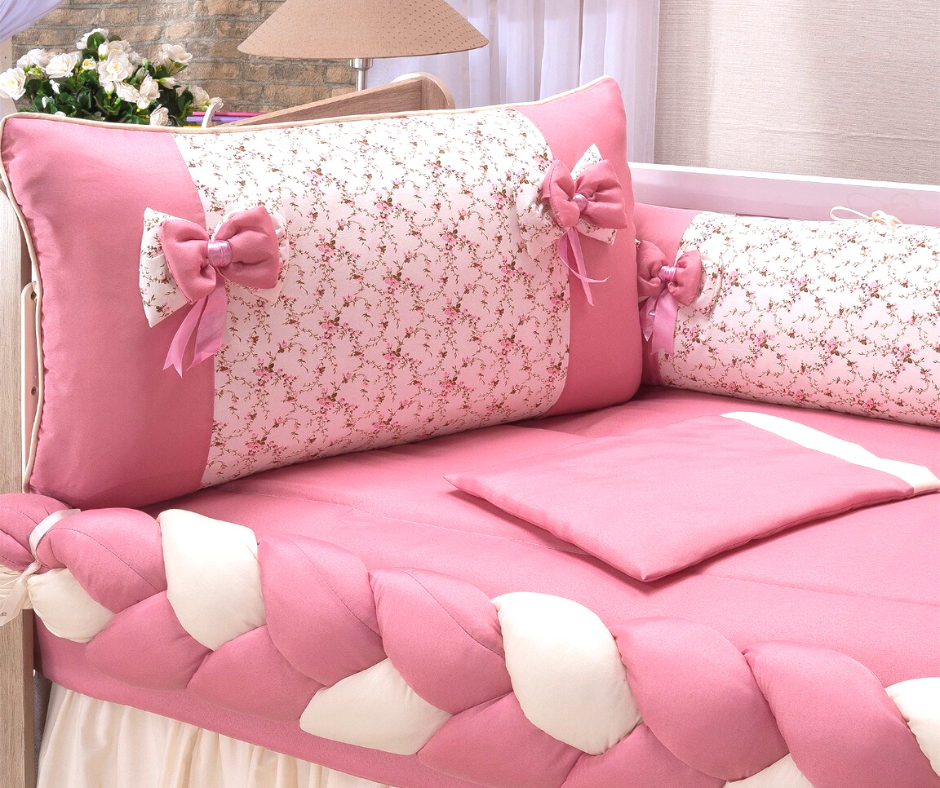 kit de berco com lateral de trança 9 peças algodão cores harmoniosas rosa luxo - 3