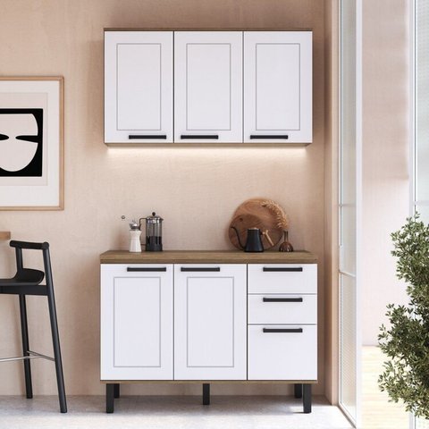 Cozinha Modulada Provençal 3 Peças Balcão 120cm Tampo e Armário 3 Portas Marrom/Jequitibá/Branco Fosco