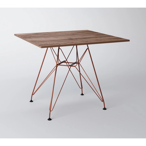 Mesa Eiffel Quadrada 90cm Tampo De Madeira Amendôa Com Base De Ferro Cobre