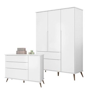 Cômoda e Guarda Roupa Infantil Retro Alice Branco Acetinado - Phoenix Baby