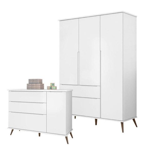 Cômoda e Guarda Roupa Infantil Retro Alice Branco Acetinado - Phoenix Baby