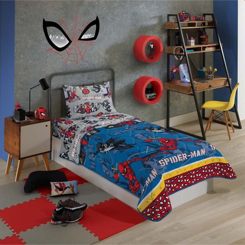 Edredom Solteiro Infantil DuplaFace Microfibra 1,40m x 2,10m:Homem-Aranha