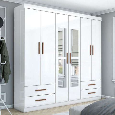 Guarda-roupa Casal Mondo 6 Portas 4 Gavetas com Espelho Branco - Pnr Móveis