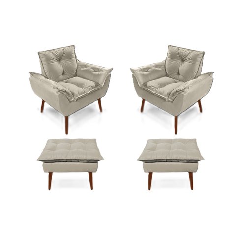 2 Poltronas Bege Opala com 2 Puff Decorativa Confortável para Sala Quarto Recepção Suede Luxo