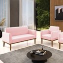 Ver imagem 2 de Conjunto Poltrona e Namoradeira Decorativa Isabella Pés Fixo em Madeira Castanho Suede Rosa Bebê G19