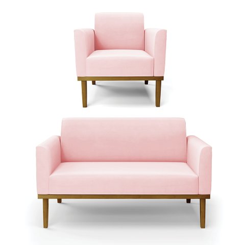Conjunto Poltrona e Namoradeira Decorativa Isabella Pés Fixo em Madeira Castanho Suede Rosa Bebê G19