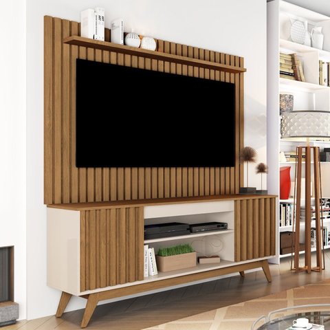 Rack com Painel Ripado para TV até 65 Polegadas MDF 166cmx203cm Pés em Madeira Maciça Malibu Classic Wood Marrom Off White/Freijó