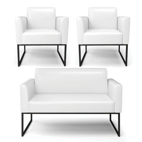 Sofá Namoradeira com 2 Poltronas Base Industrial Preto Marisa Corano Branco D03 - D'Rossi