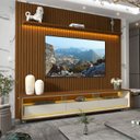 Ver imagem 2 de Rack com Painel Ripado com Led e Rodizios Nobre 2.3 Castanho com Off White - Gelius Móveis