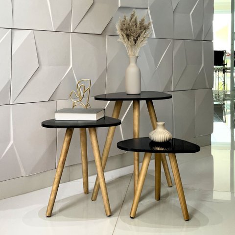 Kit Trio Jogo de Mesinhas Lateral Sala Pé Palito Retro Tampo Orgânico