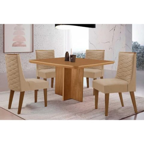 Conjunto: Mesa Sala Jantar Berlim Tampo Curvo 90cm+4 Cadeiras Dafne Madeira Naturale - Capuccino/