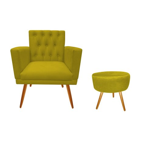 Kit Poltrona Decorativa Nina Capitonê + Puff Redondo Couro Amarelo Pés Madeira Ms Decor