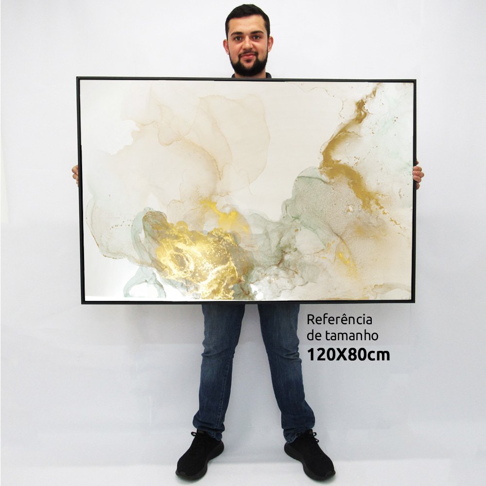 Quadro Decorativo em Canvas Abstrato Mármore Branco Gold TaColado Moldura Flutuante 4,5cm Freijó 120 - 2