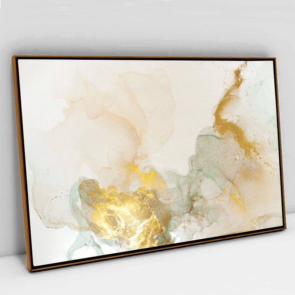Quadro Decorativo em Canvas Abstrato Mármore Branco Gold TaColado Moldura Flutuante 4,5cm Freijó 120