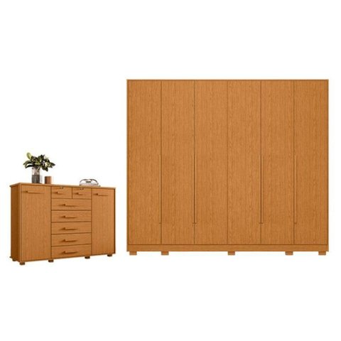 Kit Guarda Roupa Casal Mercure 6 Giratórias e Cômoda Fontana 7 Gavetas MDP Cinamomo