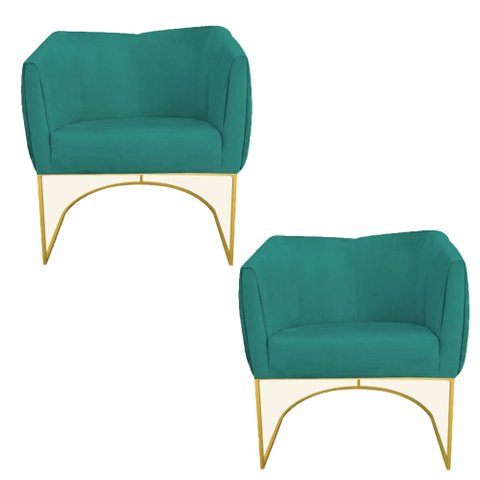Kit 02 Poltronas Julia Base Metálica Dourado Suede Azul Tiffany - D'Classe Decor