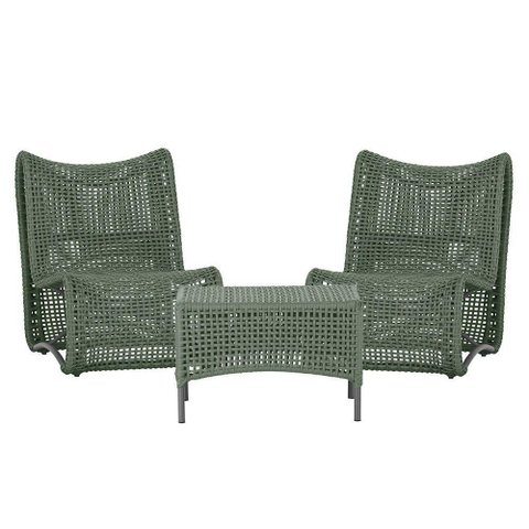 2 Poltronas e Mesa Texas Alumínio Preto Corda Náutica Trama Verde