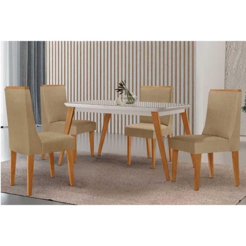 Conjunto: Mesa Sala Jantar Havana Curvo 120cm + 4 Cadeiras Dakota Naturale/off White - Capuccino/
