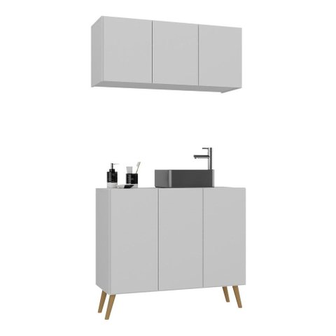 Conjunto Gabinete de Banheiro e Armário Aéreo 3 Portas Retrô Multimóveis Mp5055 Branco/natural