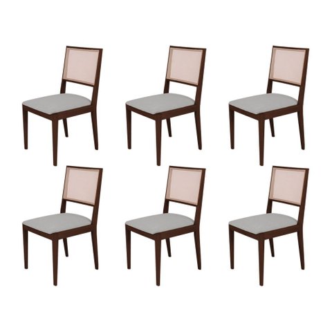 Conjunto com 6 Cadeiras de Jantar Estofada Suellen Castanho Linho Cinza Prata