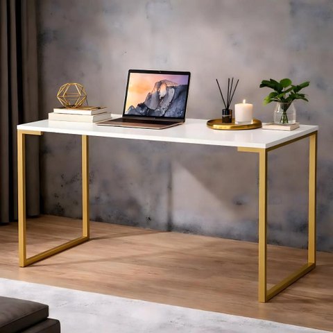 Mesa Escrivaninha Industrial 90cm Computador Notebook Home Office Escritório Estudo Offwhite-Dourado