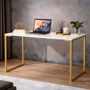 Ver imagem 1 de Mesa Escrivaninha Industrial 90cm Computador Notebook Home Office Escritório Estudo Offwhite-Dourado