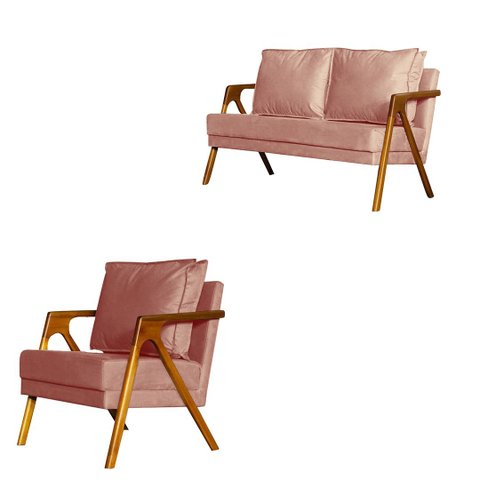Kit 1 Poltrona Mona Luxo + Namoradeira Mona Luxo Recepção - Veludo Rose