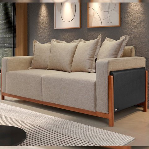 Sofá 03 Lugares para Sala de Estar 178 cm Khali B04 Linho Bege Escuro Couríssimo Preto - Lyam Decor