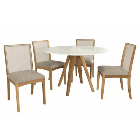 Sala Jantar Mesa Duna Premium Madeira Maciça C/ Tampo Madeirado C/ Vidro 120x120cm e 4 Cadeiras