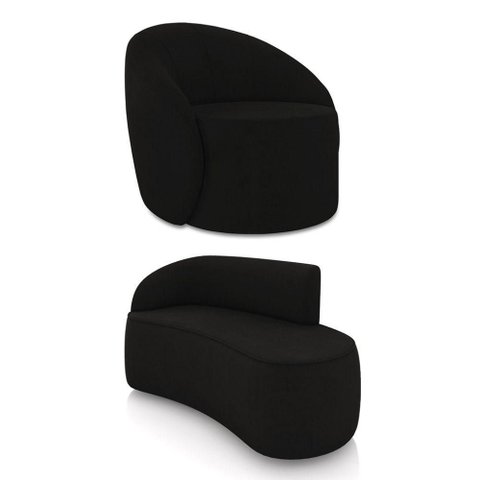 Sofá 2 Lugares Orgânico 140cm Morgan e Poltrona Lua Suede Preto D03 - D'Rossi