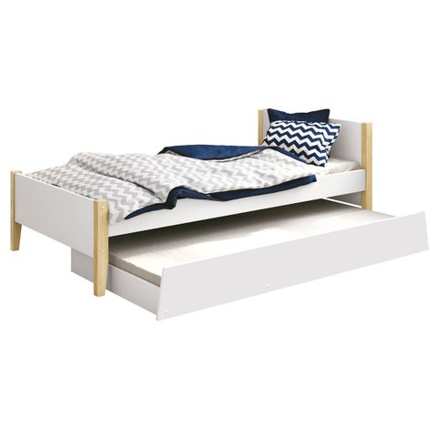 Cama Babá Solteiro com Auxiliar Simba Branco Fosco com Natural - MoveisAqui