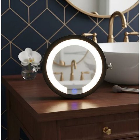 Espelho de Mesa Redond com Led - Touch - 20cm - Maquiagem - Moldura Marrom Led Neutro