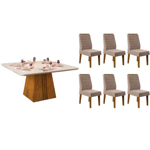 Sala de Jantar Completa Itália C/ Tampo Madeirado C/ Vidro Curvo 136x136cm e 6 Cadeiras Ondina