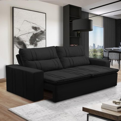 Sofá Retrátil e Reclinável 3 Lugares com Molas 1,80m Elisa Suede Preto Rover & Beato