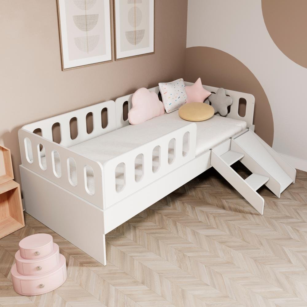 Cama Solteiro Mdf Branco com Escadinha/escorrega 03 Grades e Cabeceira Anatômica Mobilistore - 2